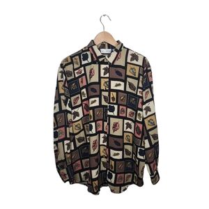 Vintage Le Caviar Women's Blouse Large Brown Button Front Silky Top